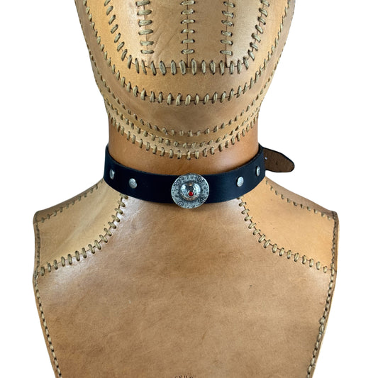 Leather Collar - Black w Concho