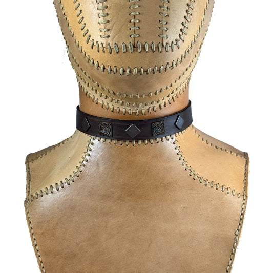 Leather Collar - Brown w Brass Pyramids