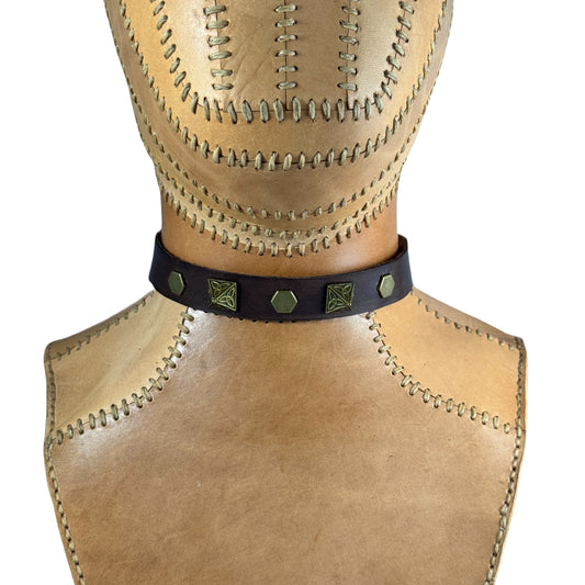 Leather Collar - Brown w Gold Pyramids