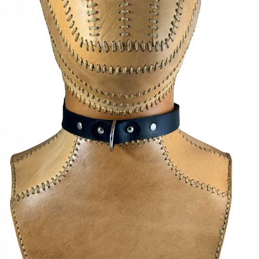 Leather Collar - Black w Chrome D-Ring