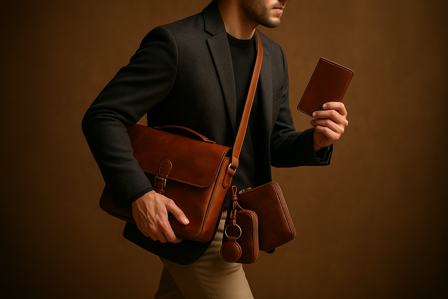 A stylish person carrying multiple high-quality leather bags and accessories, walking confidently and showcasing handcrafted leather goods including a messenger bag, wallet, and small leather accessories. The warm lighting highlights the rich texture and craftsmanship of the leather items.