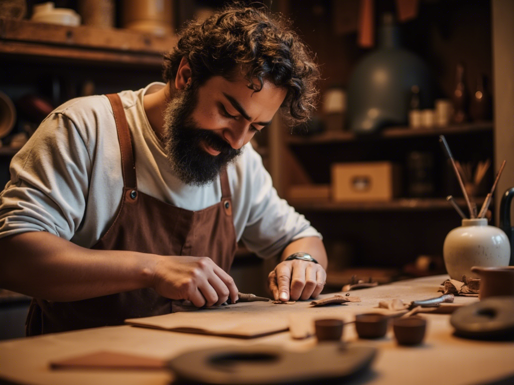 Latino leather craftsman working in a workshop with leather tools and materials, showing skilled craftsmanship